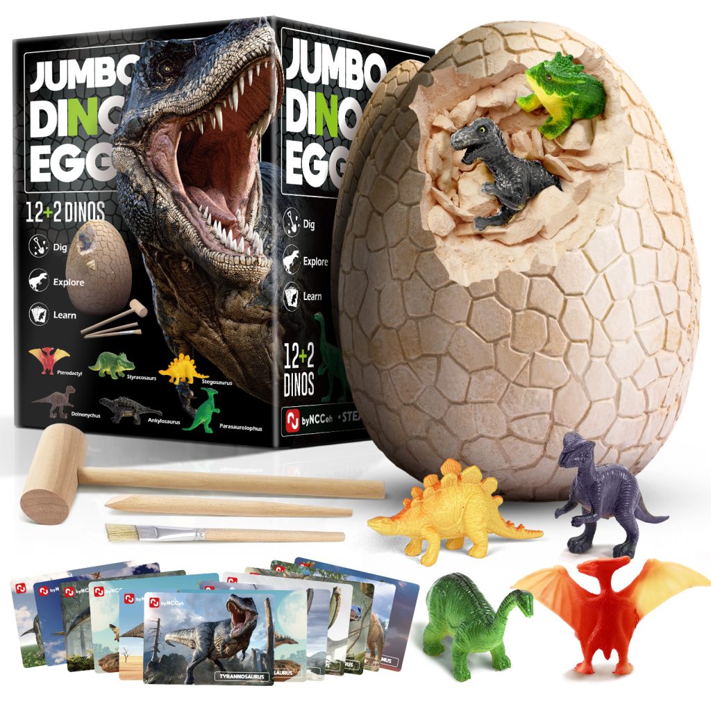 K&M jumbo dinosaur egg dig kit for STEM toy safety compliance, ASTM F963, CPSIA, small-parts review, and dust-risk screening
