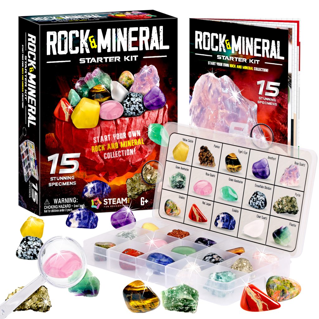 Private Label Rock and Mineral Starter Kit Private label rock and mineral starter kit with 15 labeled specimens, magnifying glass, guidebook, storage tray, and retail packaging