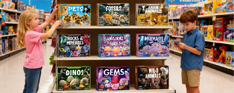 Educational science and geology kits displayed in an international retail store