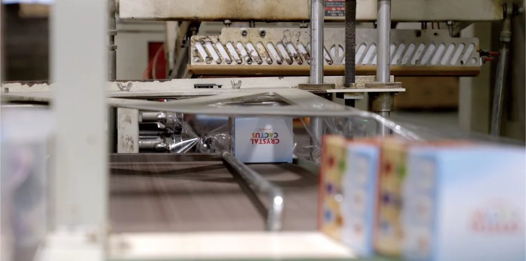 K and M educational toy packaging line preparing finished science kits for shipment