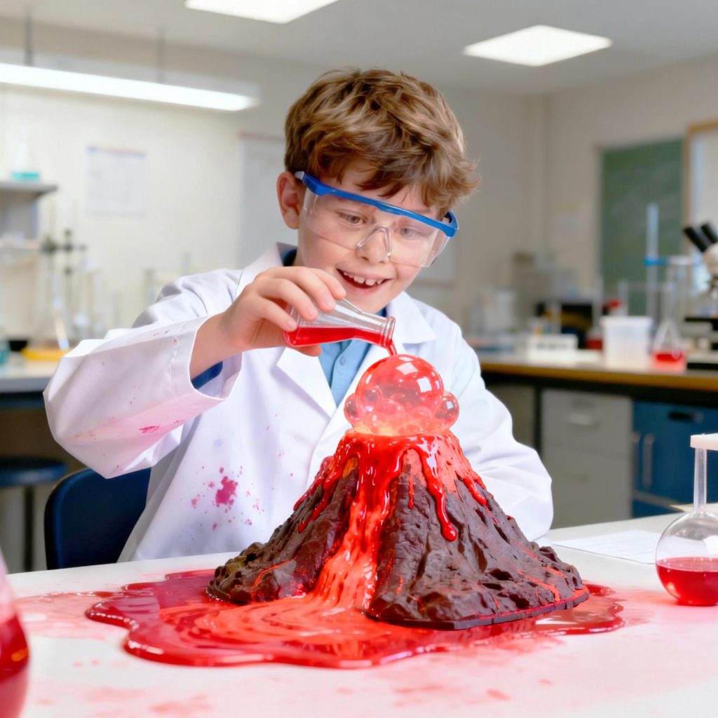 Child using a hands-on volcano science experiment kit from K&M educational toy range