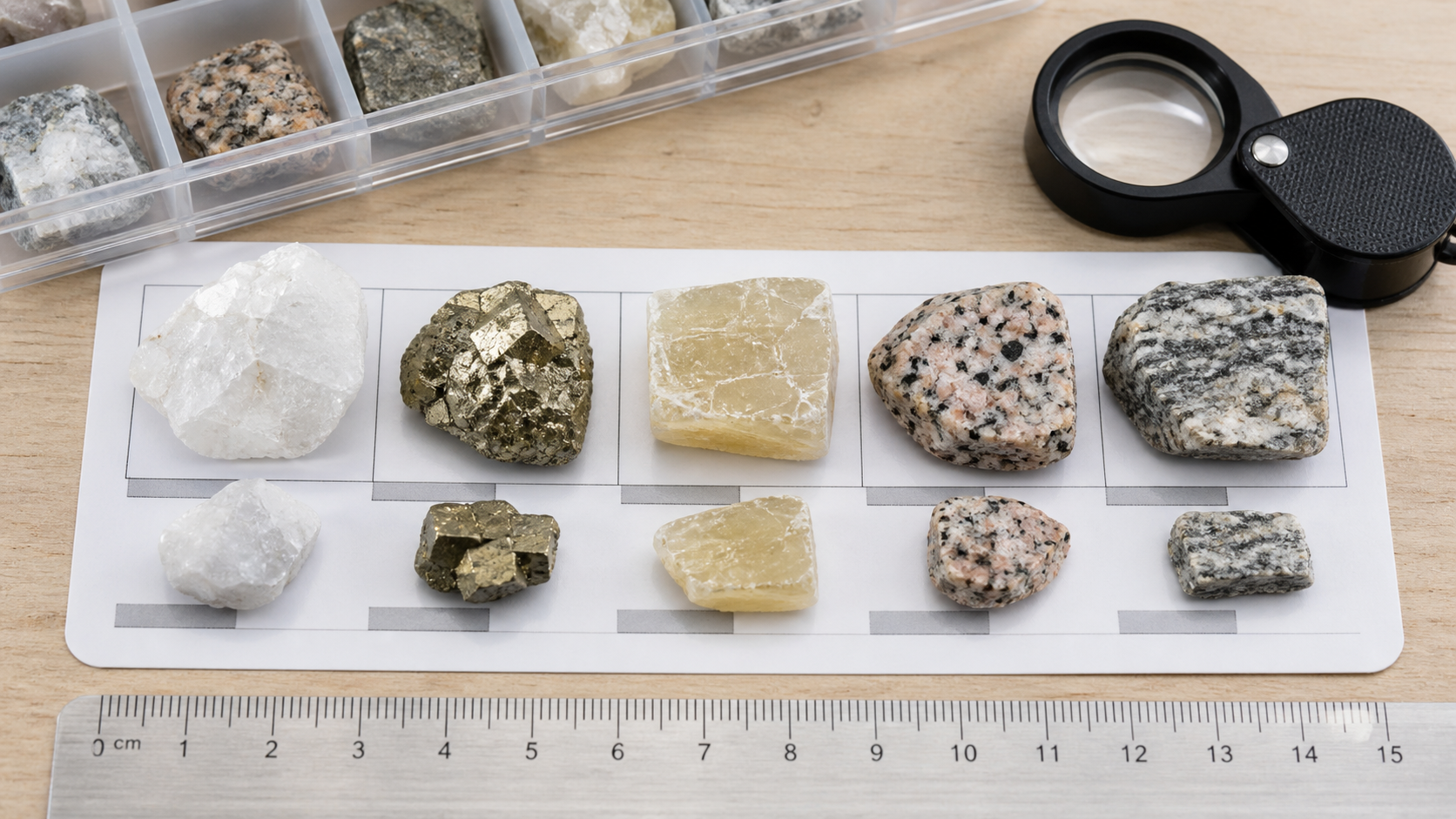 Rocks and mineral specimens arranged by size and visible properties