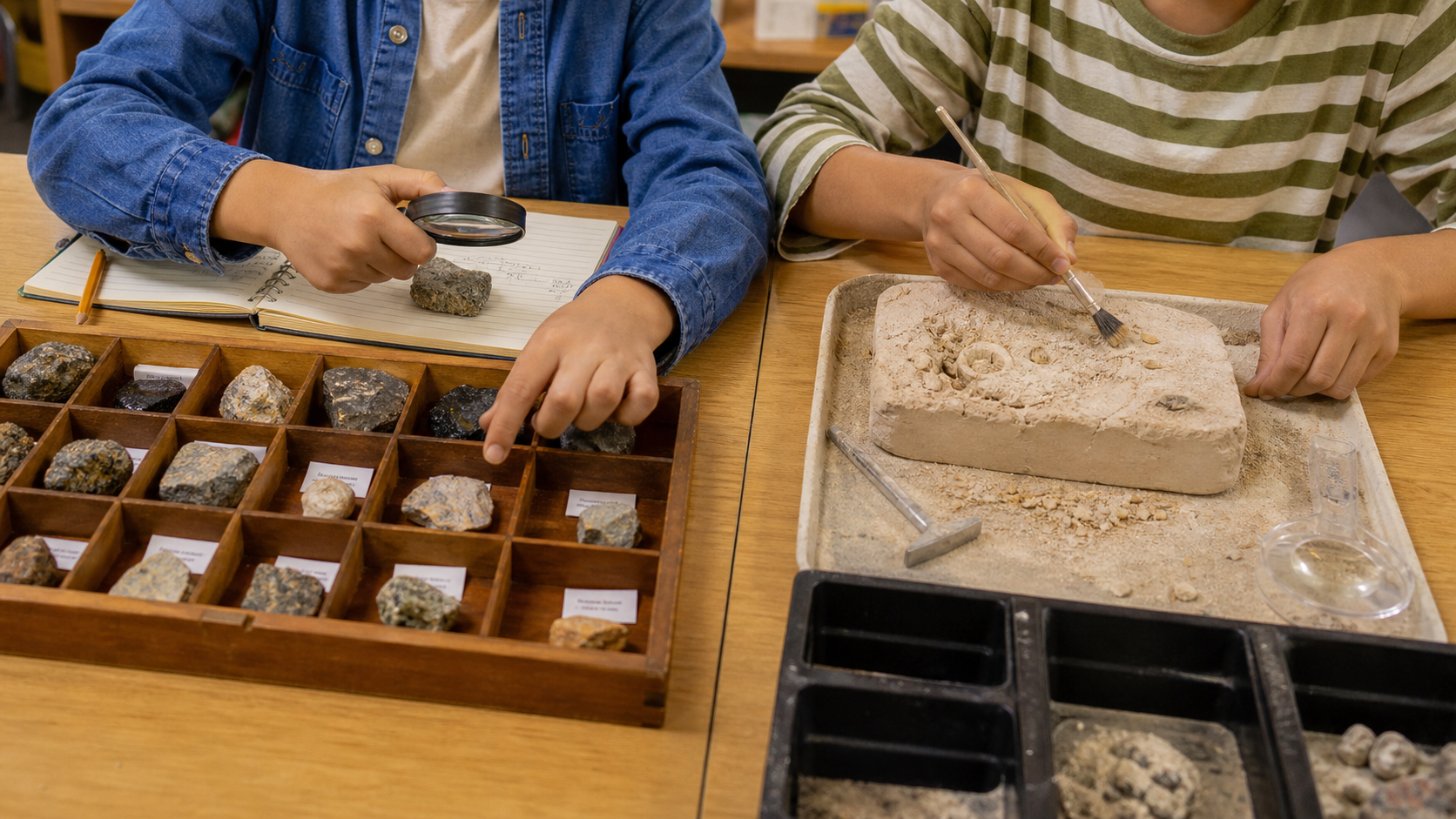 Children comparing a geology collection with a gem excavation activity