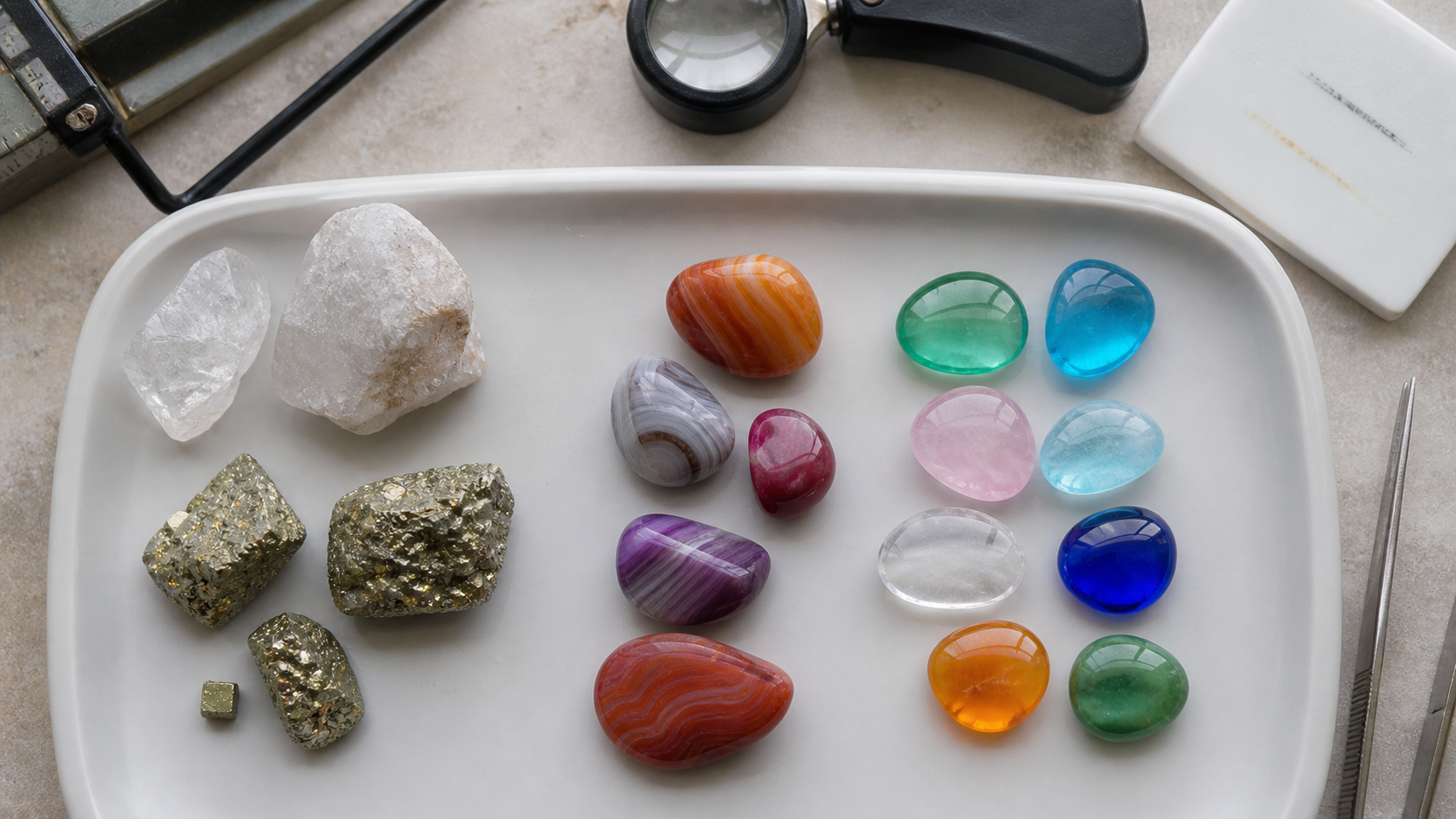 Natural, treated and imitation stones compared on a tray