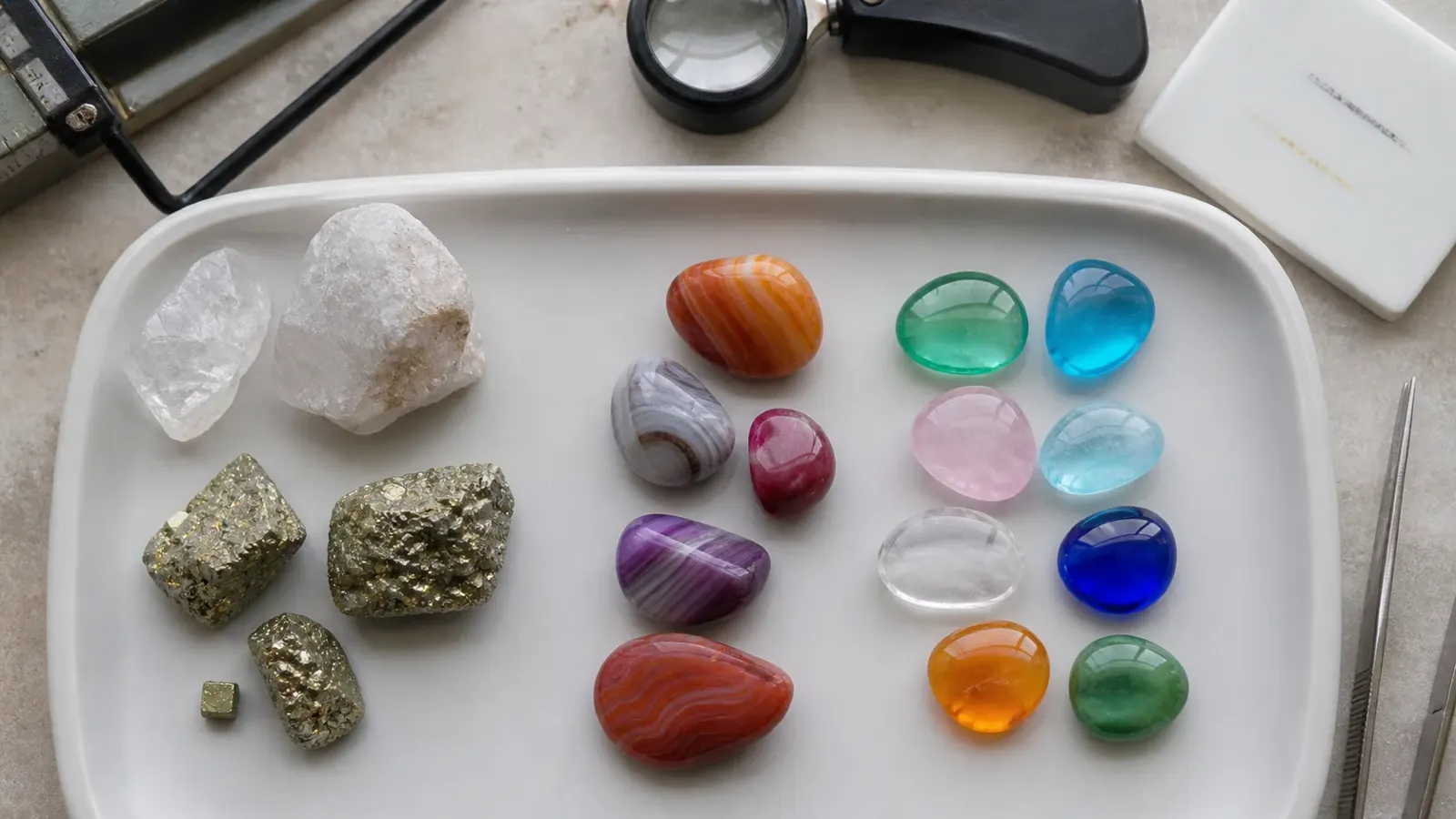 Natural, treated and imitation stones compared on a tray