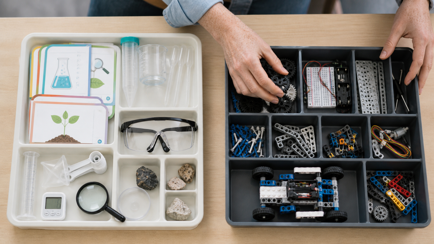 Science kit and STEM kit components arranged for comparison