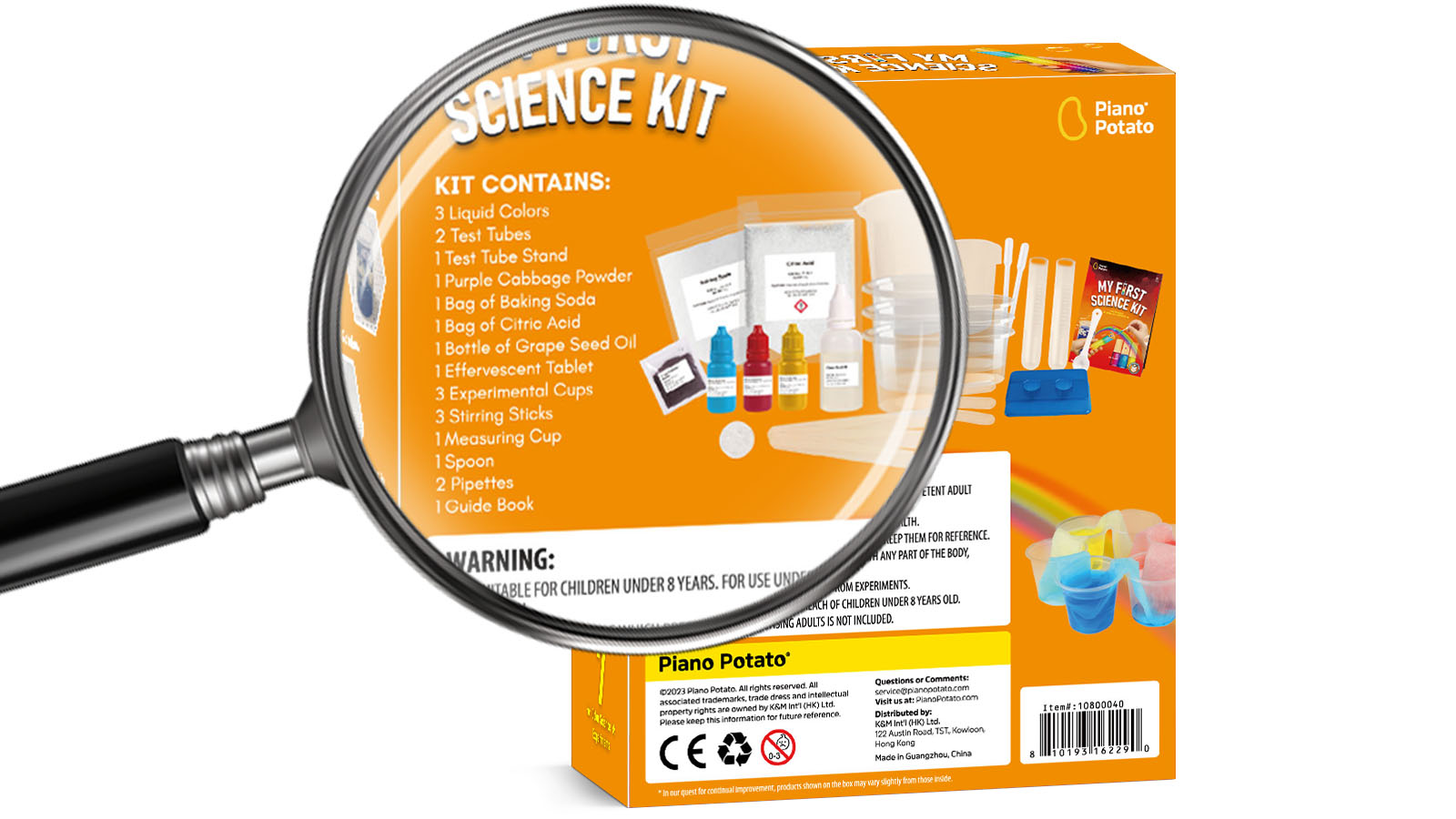 Magnified contents list on a My First Science Kit box showing quantities of test tubes, cups, pipettes, experiment materials, and a guidebook