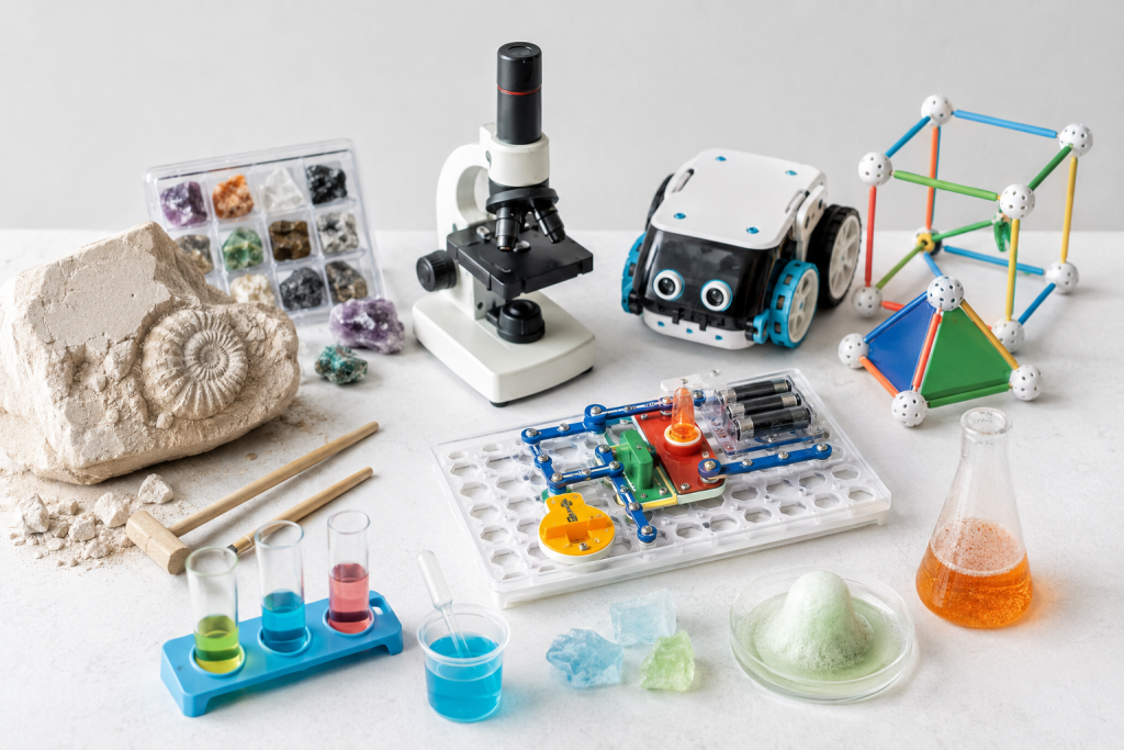 Assortment of STEM toys including a fossil dig kit, microscope, coding robot, circuit kit and building pieces