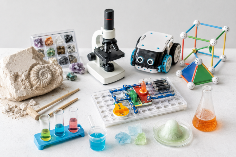 Assortment of STEM toys including a fossil dig kit, microscope, coding robot, circuit kit and building pieces