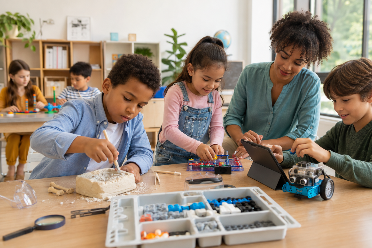 Children exploring fossil excavation, circuits and a coding robot in a supervised classroom