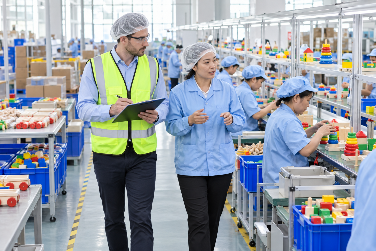 Professional auditor and production manager inspecting an educational toy factory assembly line