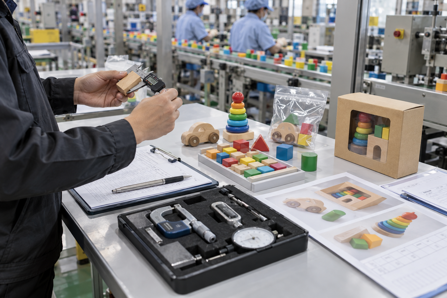 Factory auditor measuring educational toy components beside production and packaging samples