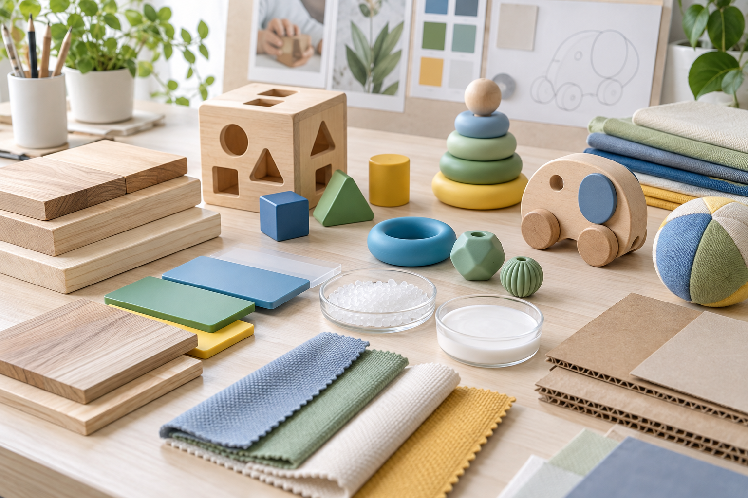 Wood, plastic, silicone, fabric and cardboard samples arranged with educational toy prototypes