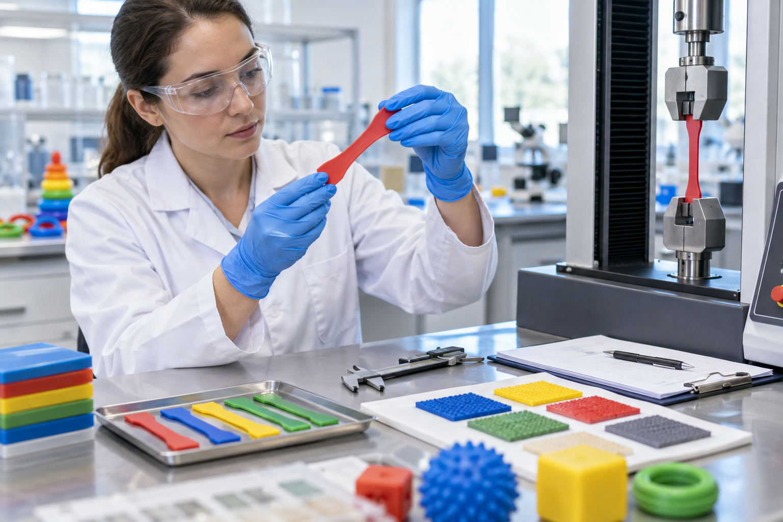 Product engineer testing a child-safe educational toy material sample in a laboratory