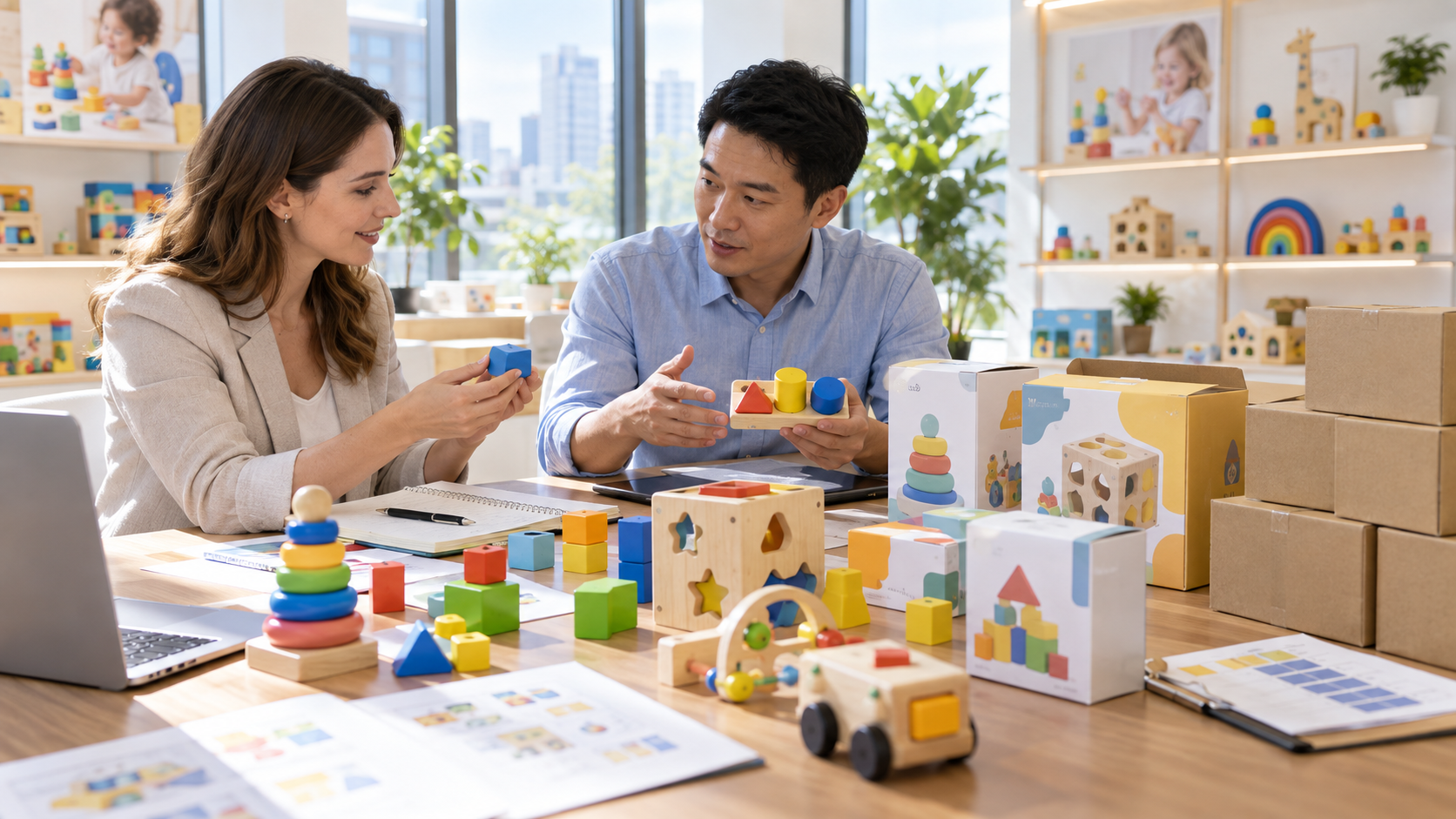 Toy brand buyer and manufacturer reviewing educational toy prototypes, packaging samples and order quantities