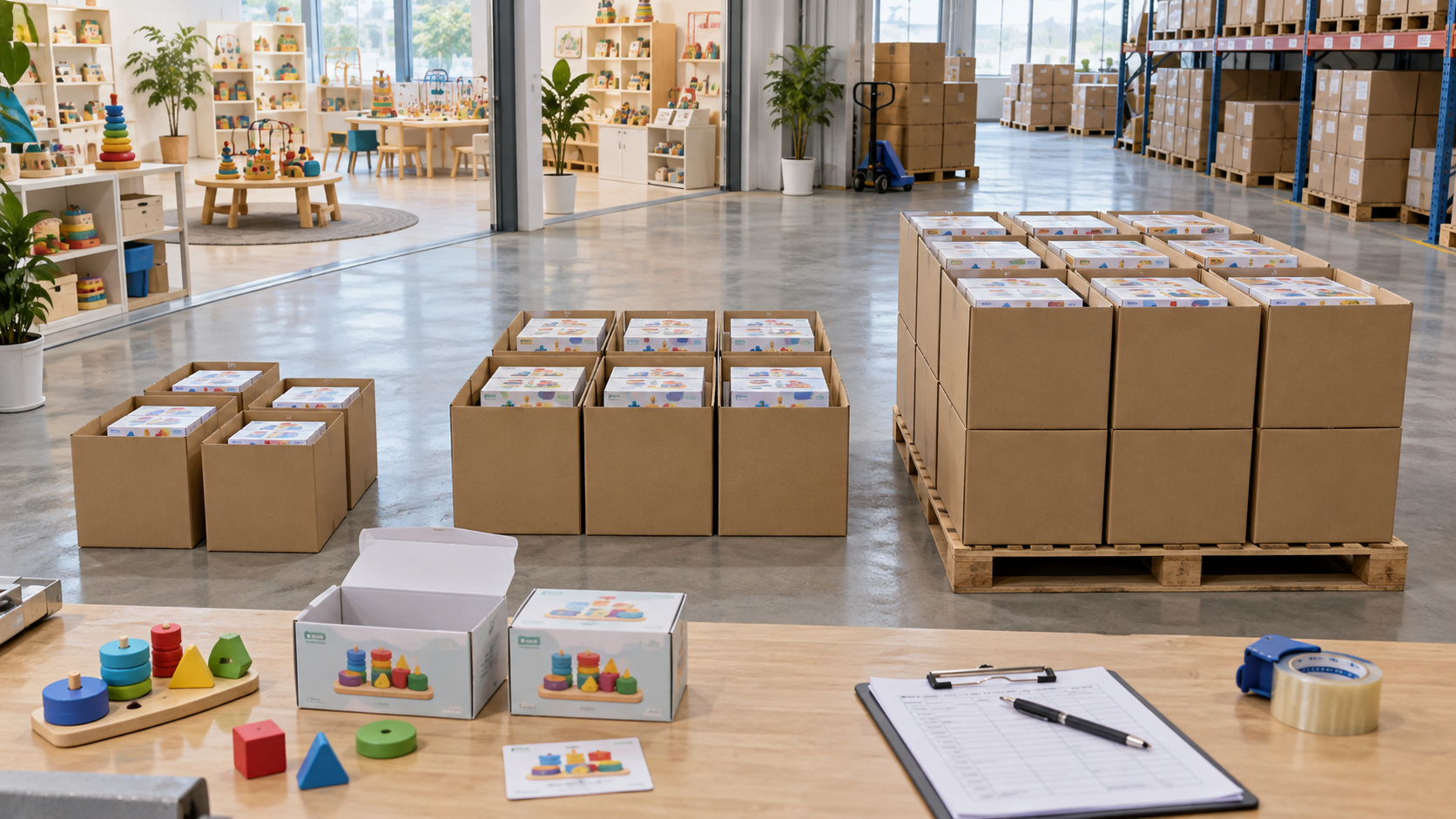 Educational toy kits grouped into different production quantities in a warehouse