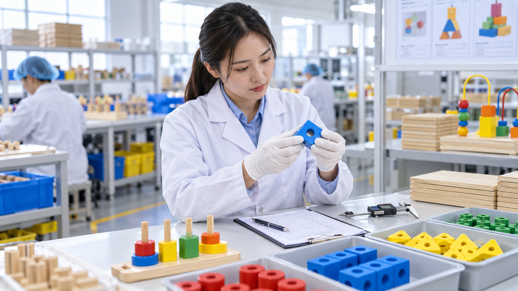 Quality-control inspector checking educational toy components at a clean factory workstation