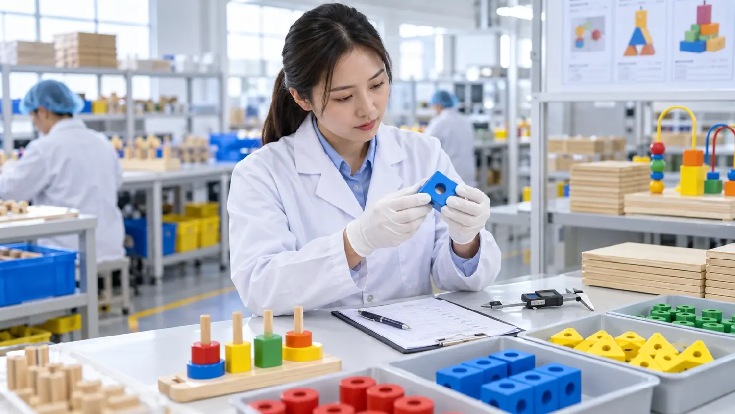 Quality-control inspector checking educational toy components at a clean factory workstation
