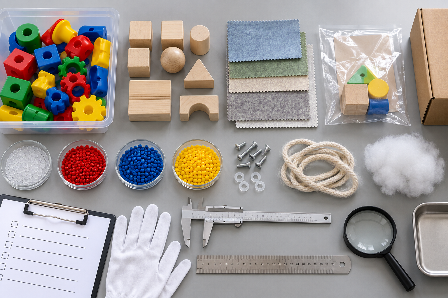Educational toy materials, measurement tools and inspection checklist arranged for incoming quality control
