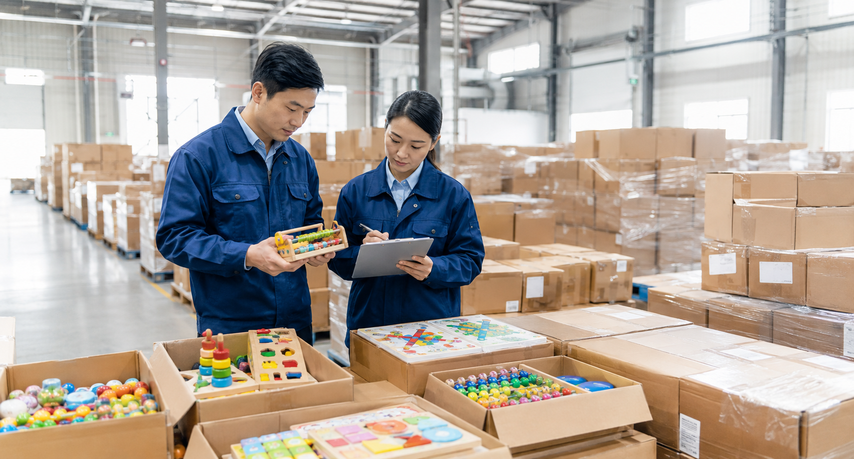 Toy sourcing and quality-control team reviewing products in a consolidation warehouse in China