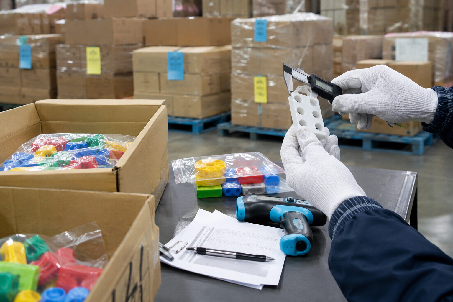 Quality-control inspection of educational toy components at a consolidation warehouse