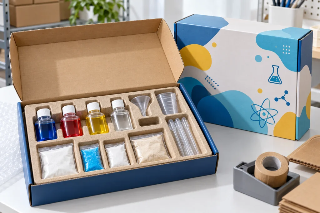 Leak-resistant science kit packaging with sealed liquid bottles and powder sachets