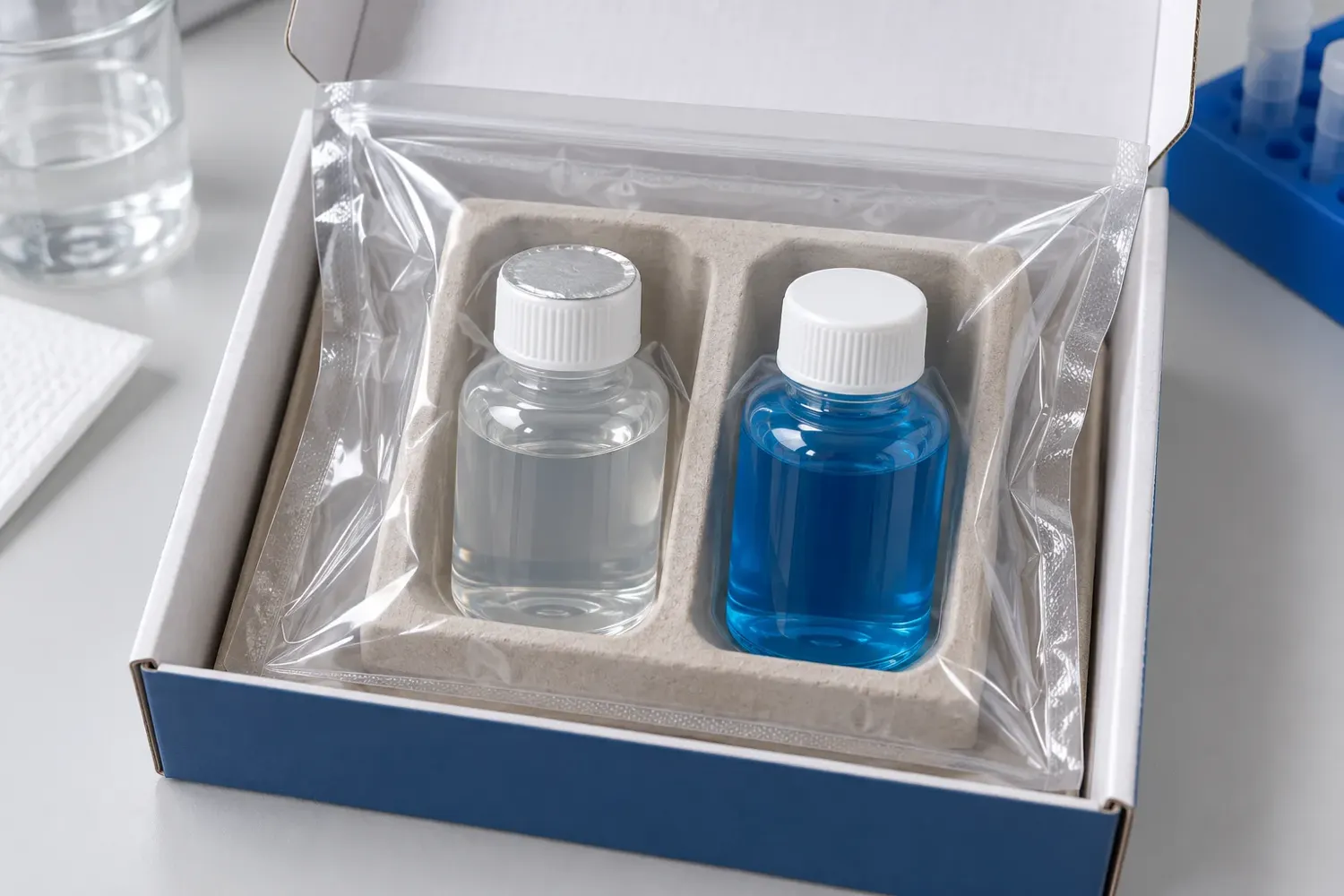 Sealed liquid bottles with leak-resistant caps and protective packing for science kits