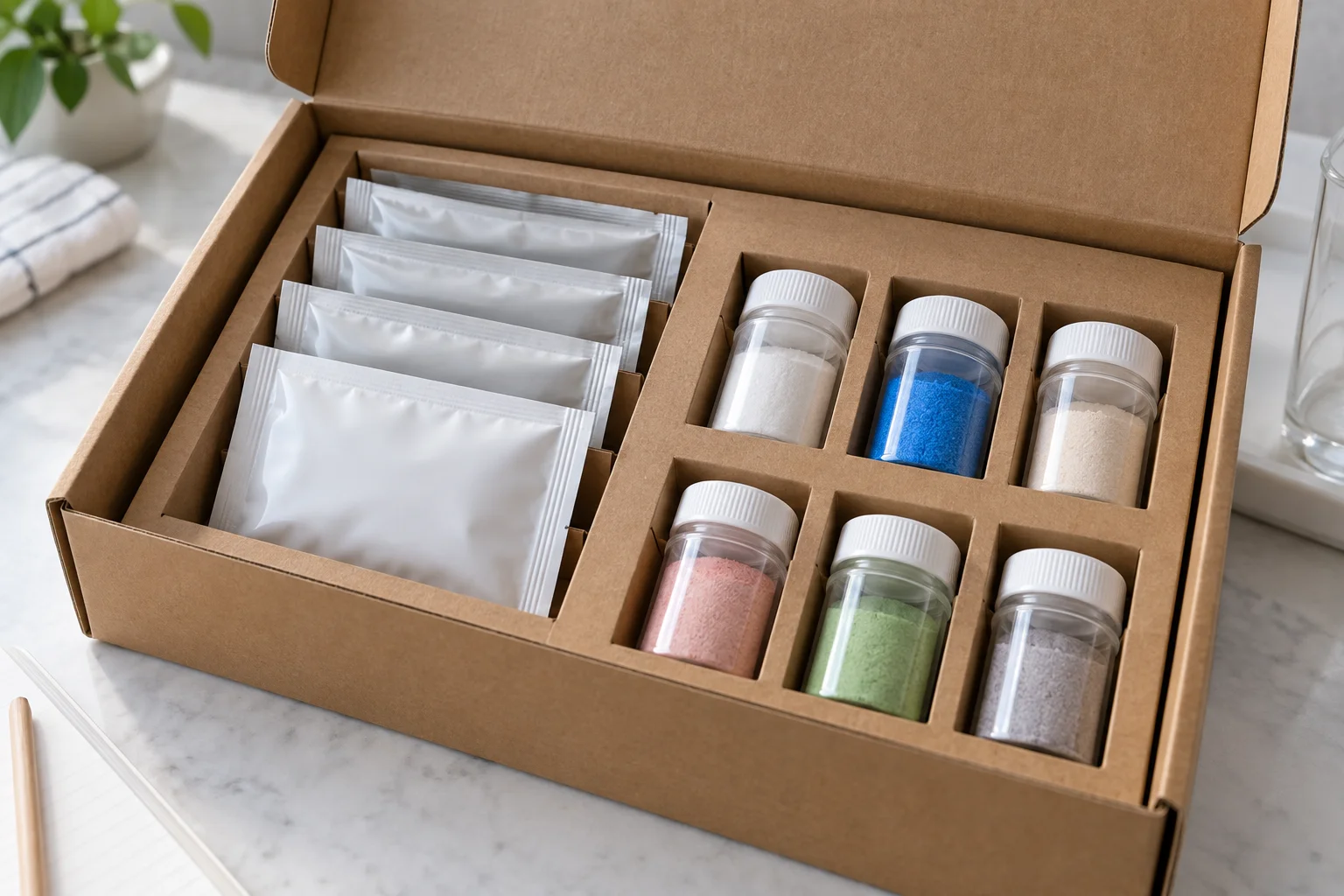 Sealed powder sachets and secondary containment for science kit shipping