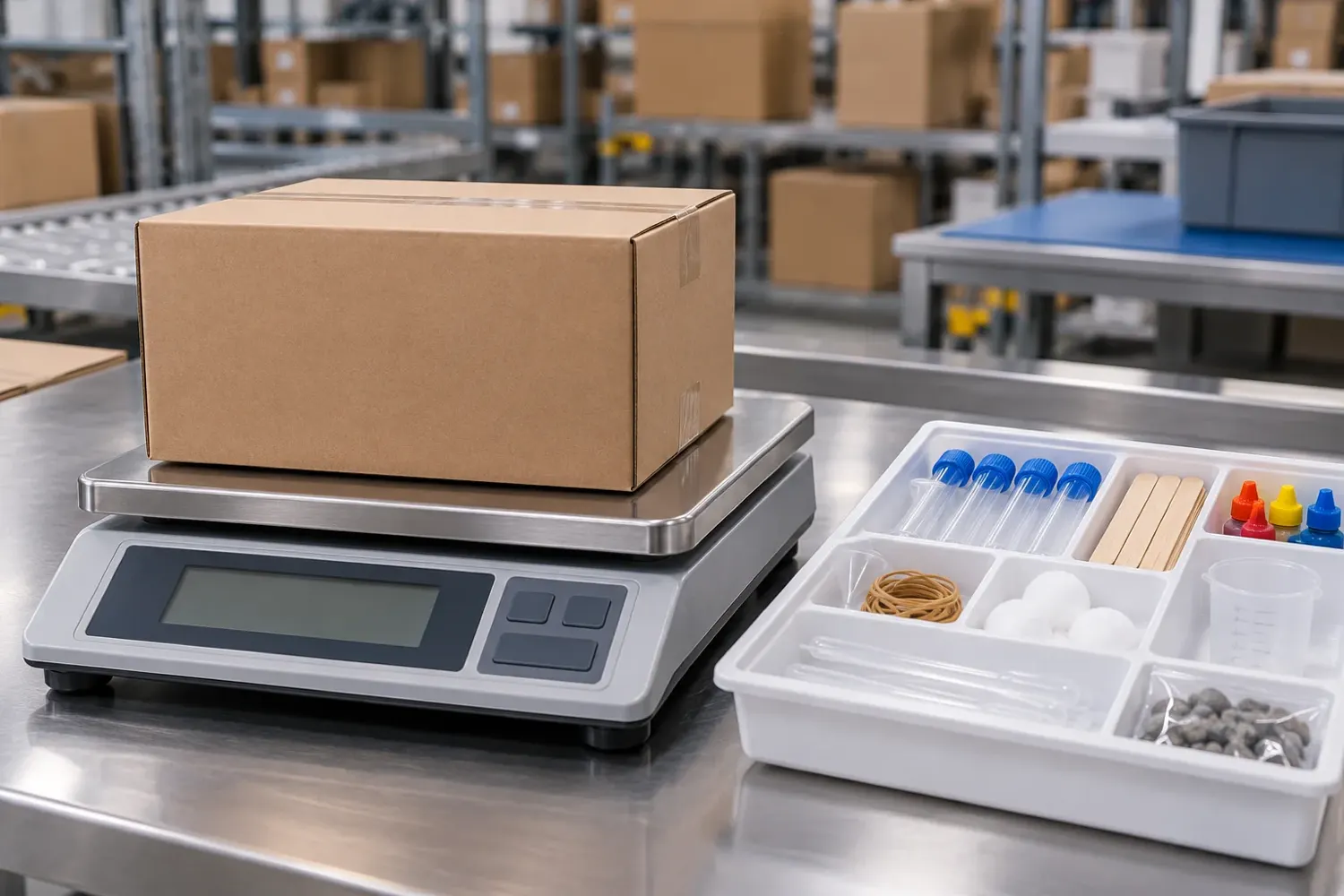 Packed science kit checked on a digital scale to help detect missing components