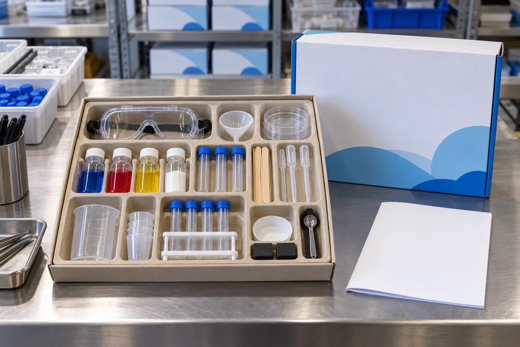 Complete science kit component tray arranged for accurate packing