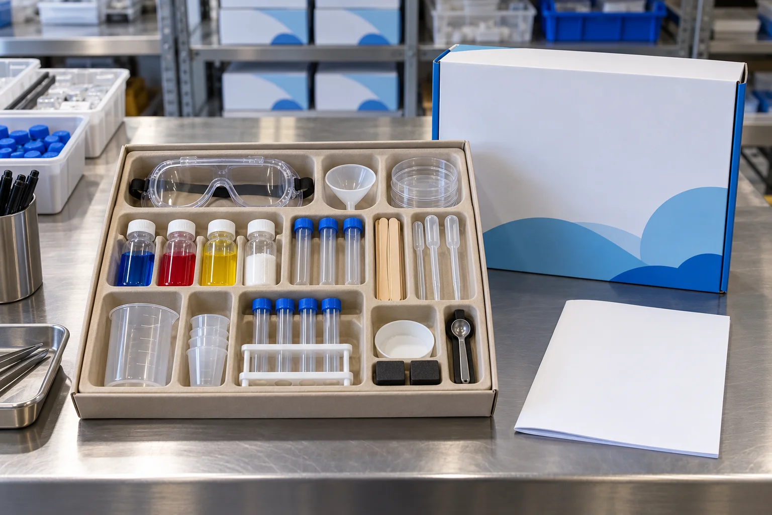 Complete science kit component tray arranged for accurate packing