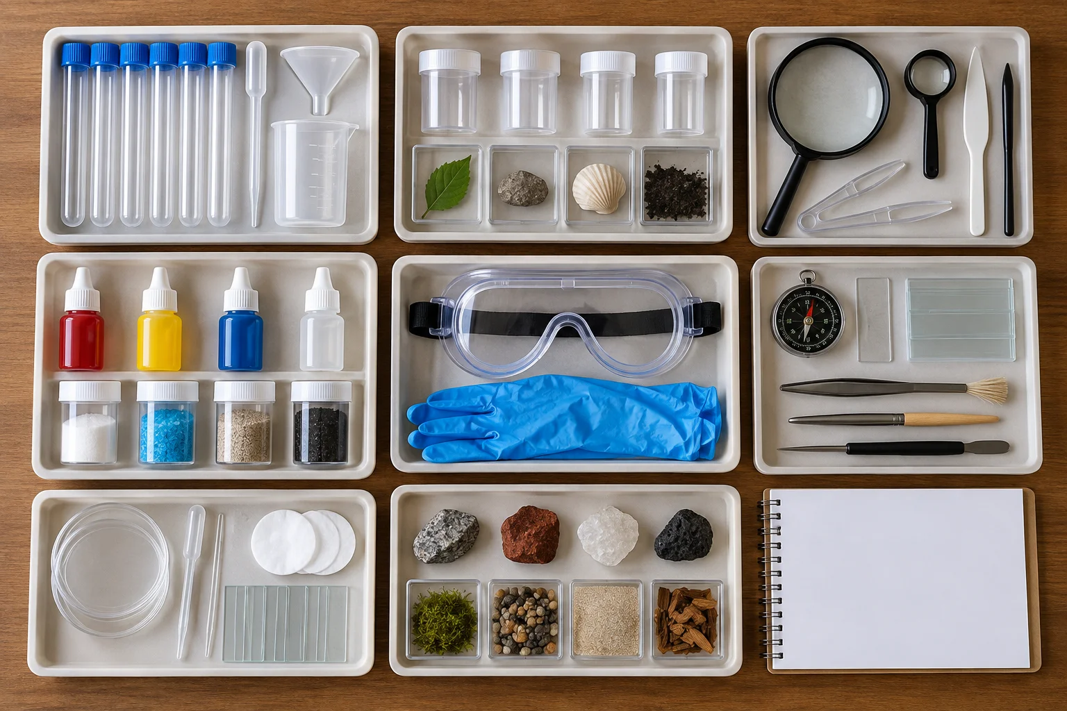 Science kit components organized in a compartment tray for a packing checklist