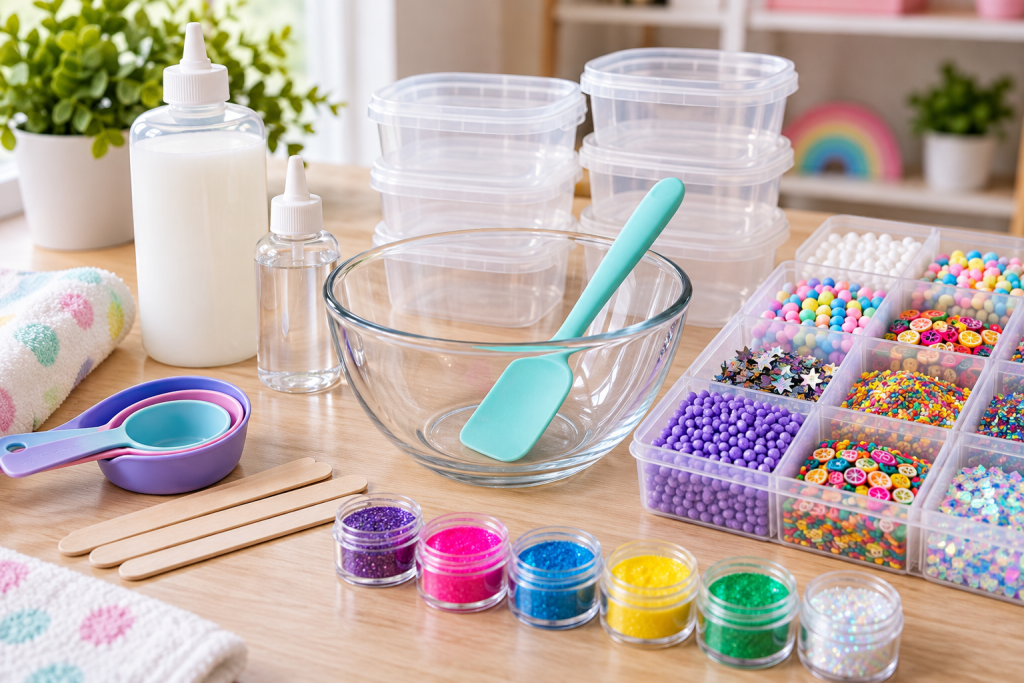 DIY slime kit with separated ingredients, mixing tools and clear containers