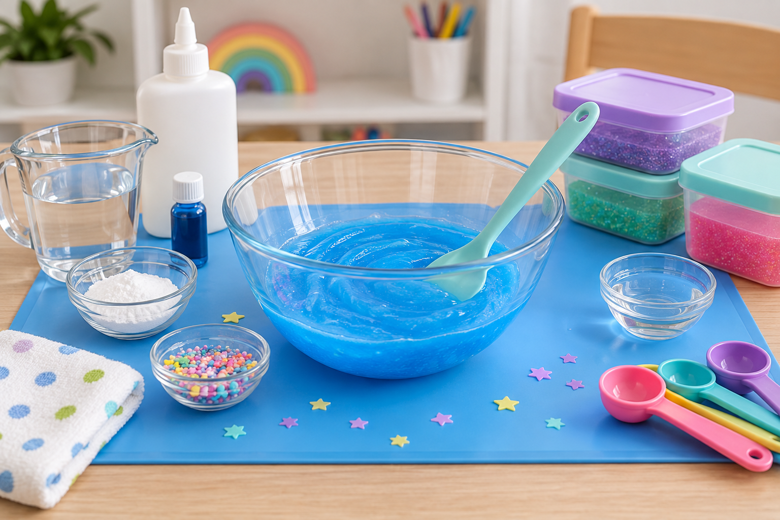 DIY slime ingredients and tools on a washable mat