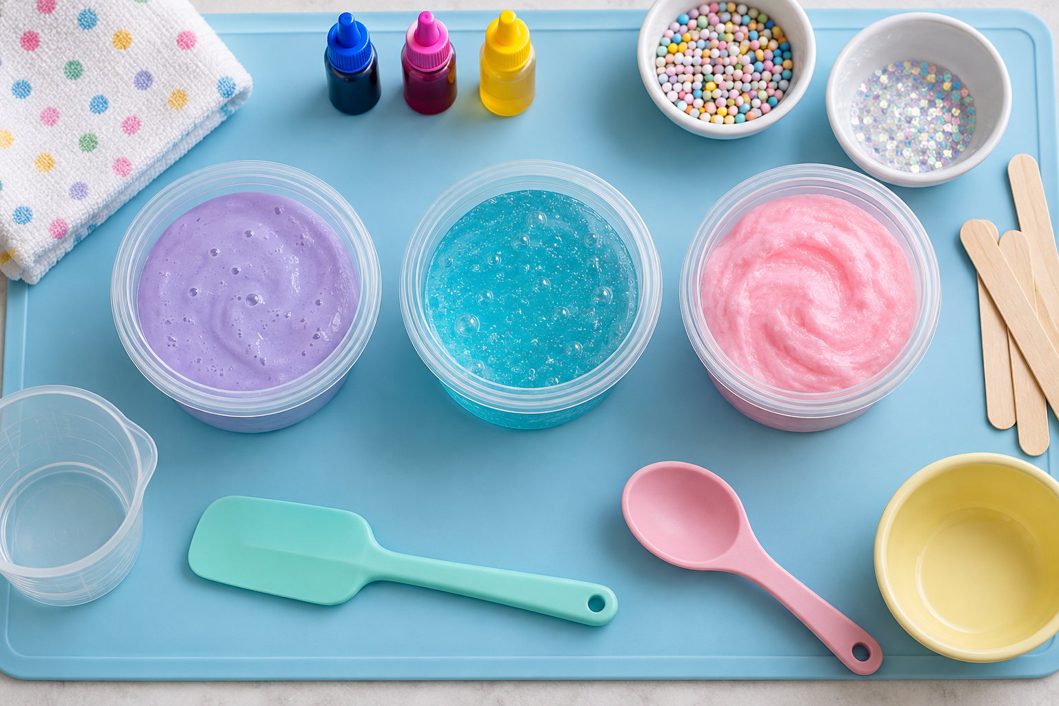 Different slime textures in clear containers