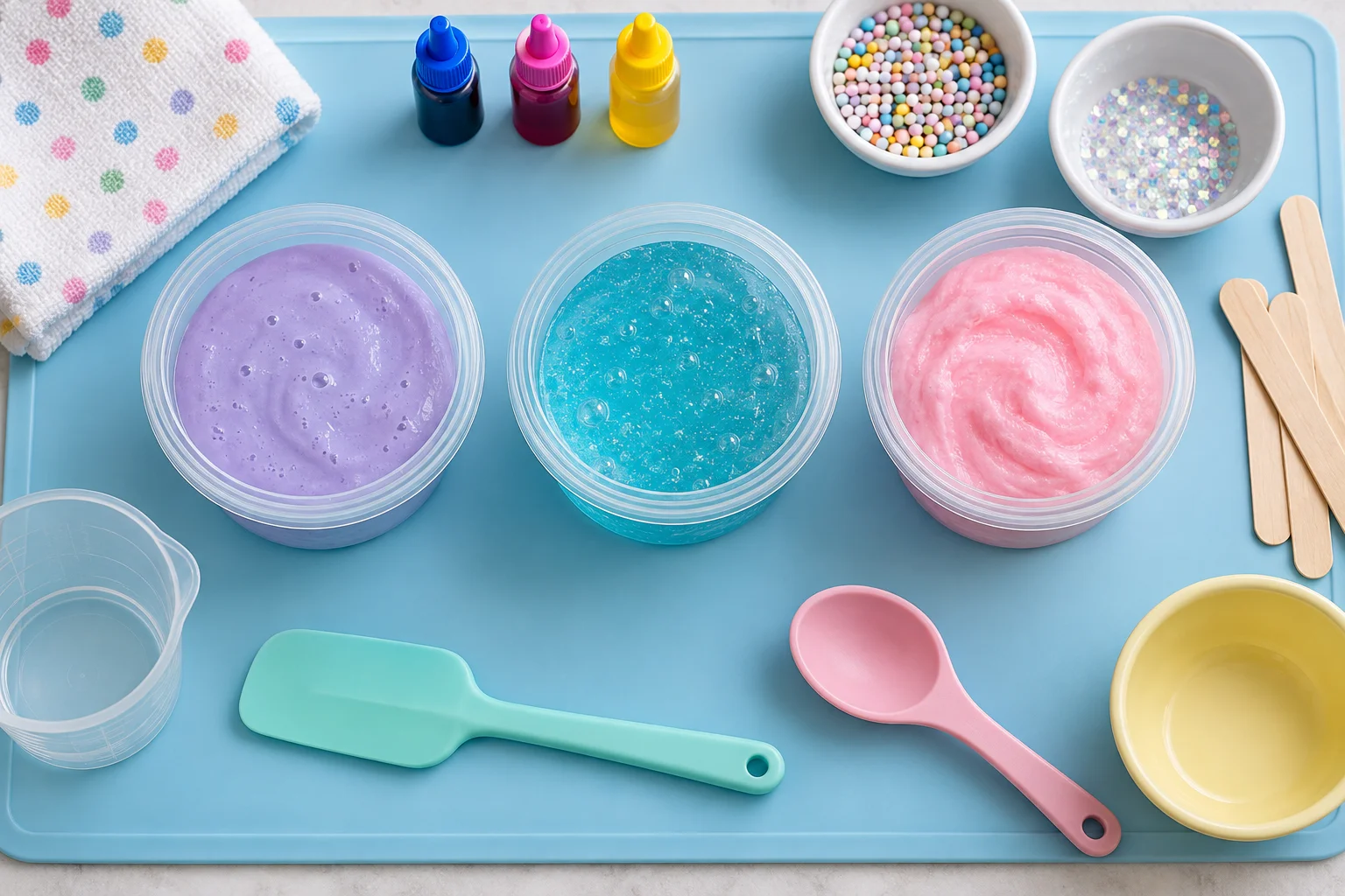 Different slime textures in clear containers