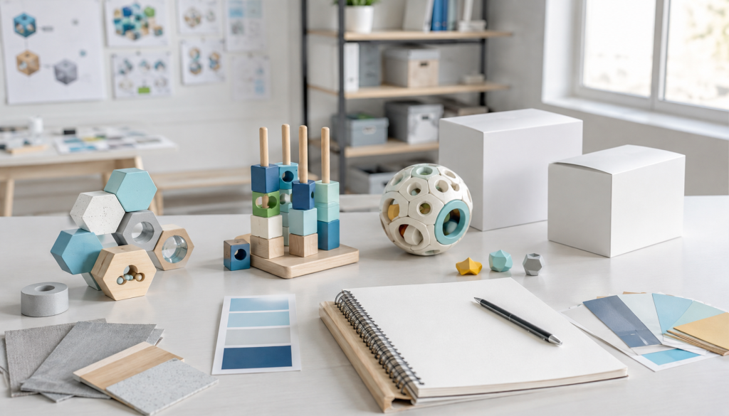 Educational toy prototypes, packaging concepts and material swatches on a product strategy table