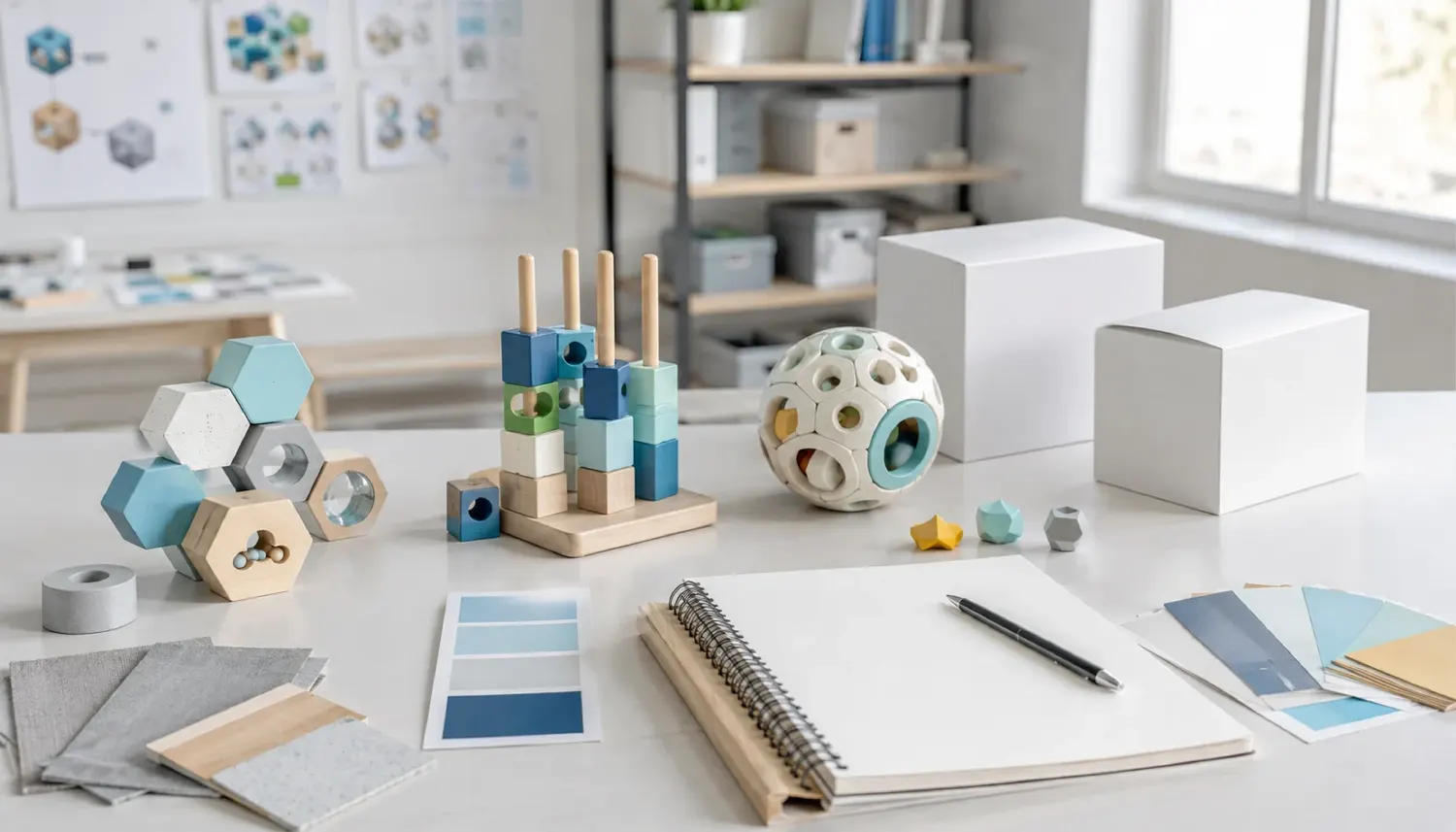 Educational toy prototypes, packaging concepts and material swatches on a product strategy table