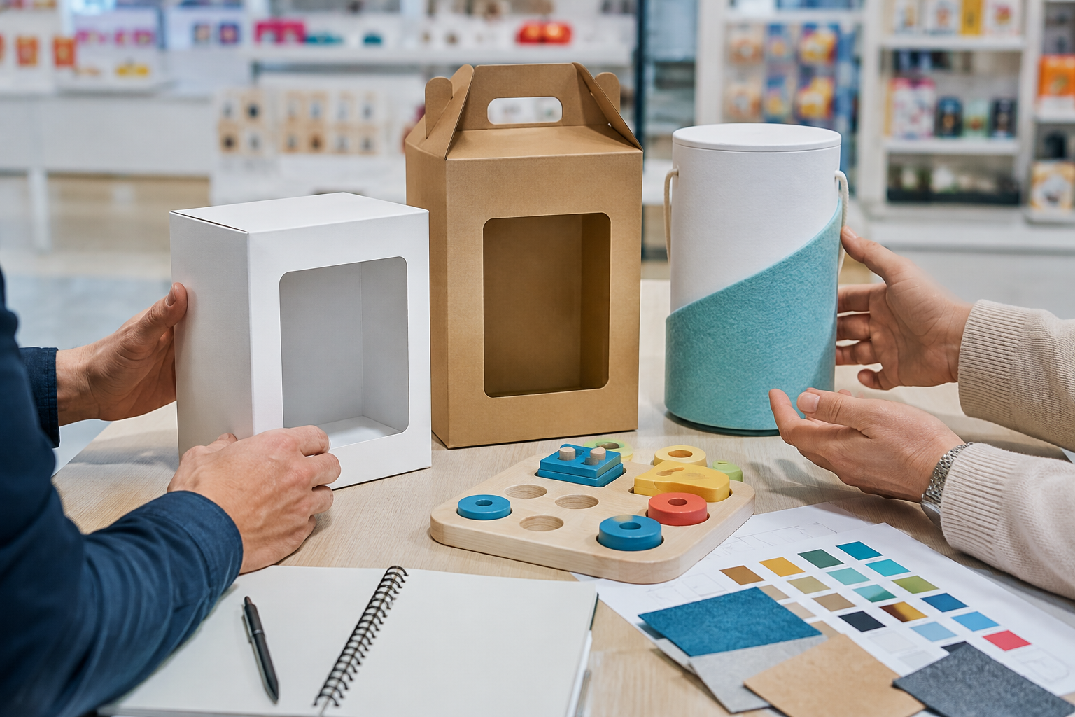 Toy retailer and designer comparing differentiated educational toy packaging concepts