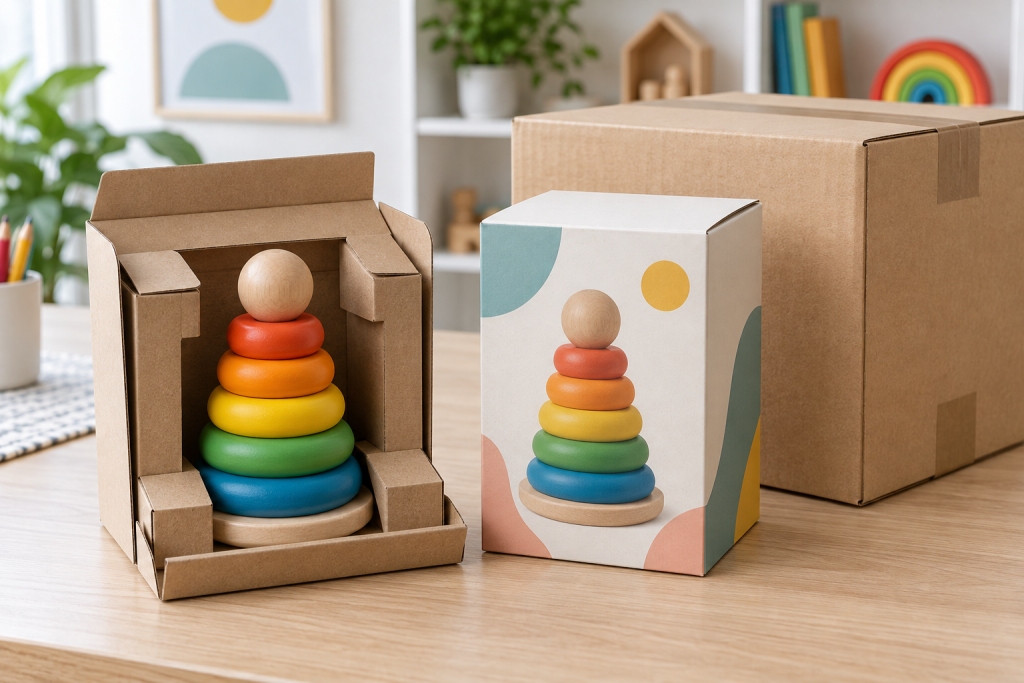 Educational toy held in protective retail packaging beside a shipping carton