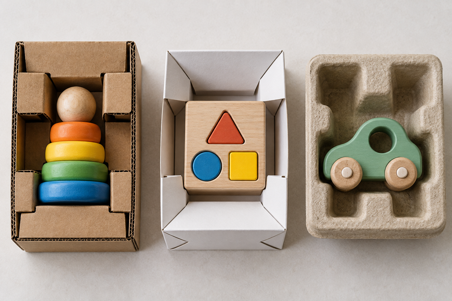 Toy packaging inserts made from paperboard, corrugated board and molded pulp