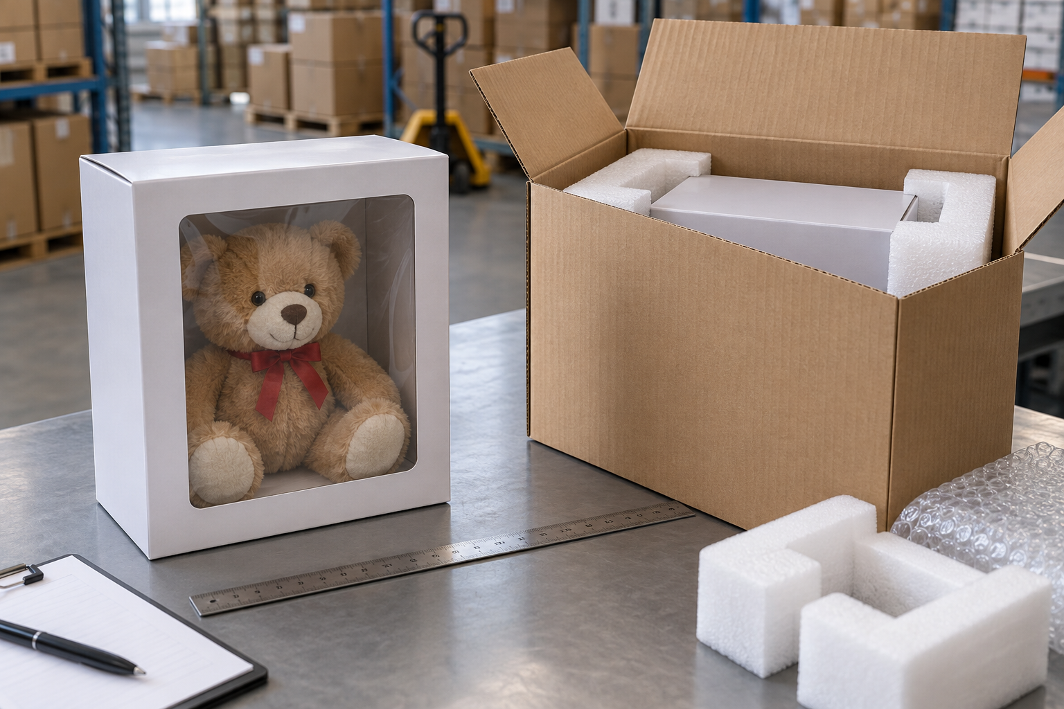 Toy retail box and shipping carton on a packaging inspection table