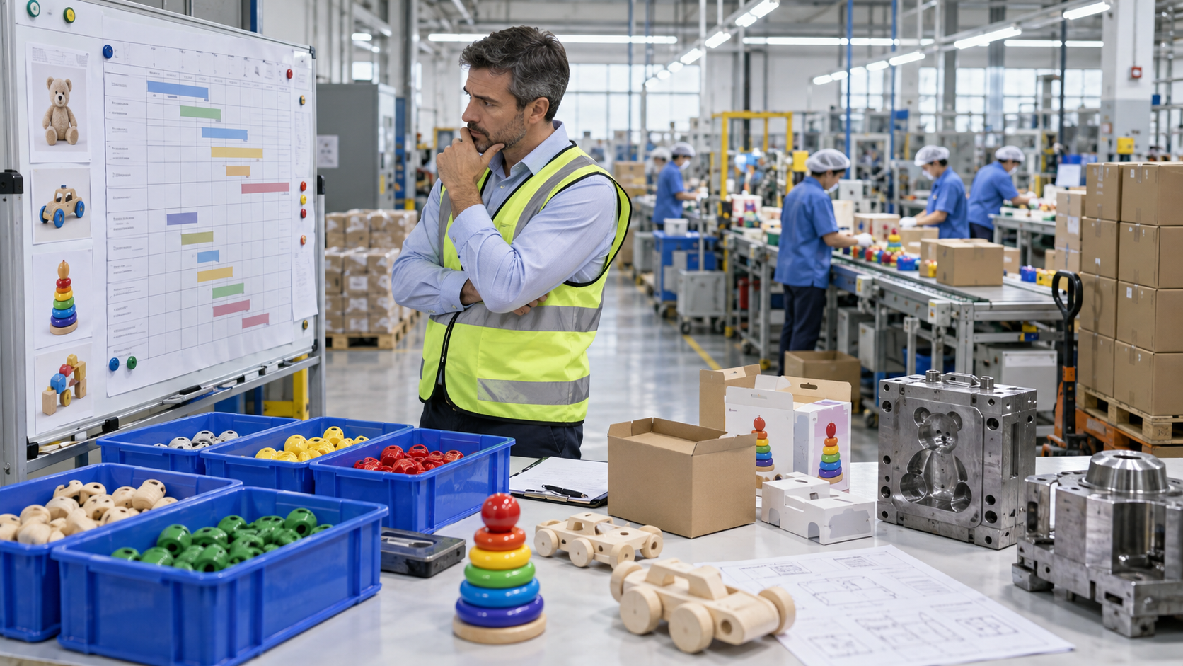 Production manager reviewing a toy manufacturing schedule beside components, molds and packaging samples