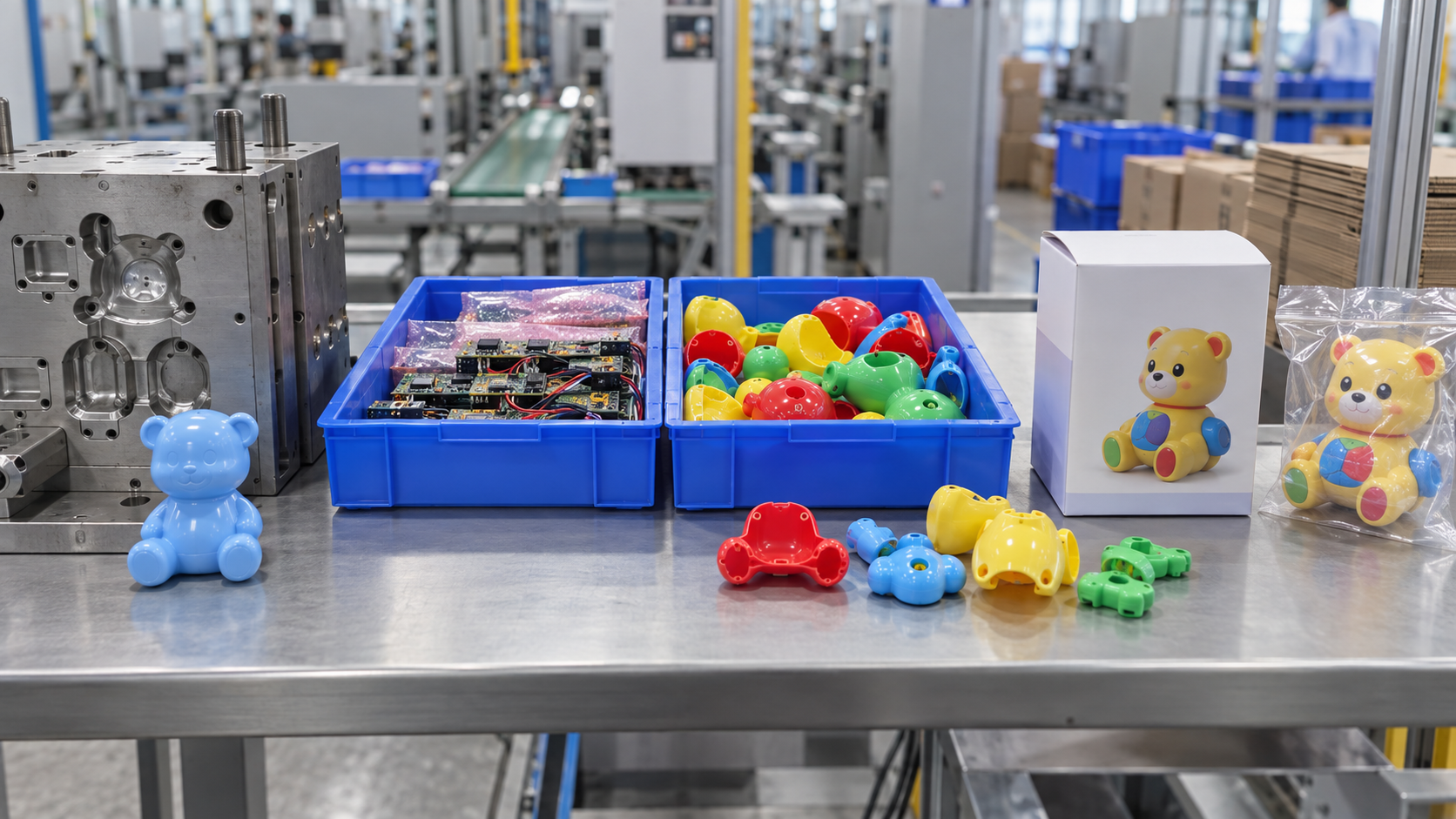 Toy mold, electronic components, unfinished parts and packaging arranged as production checkpoints