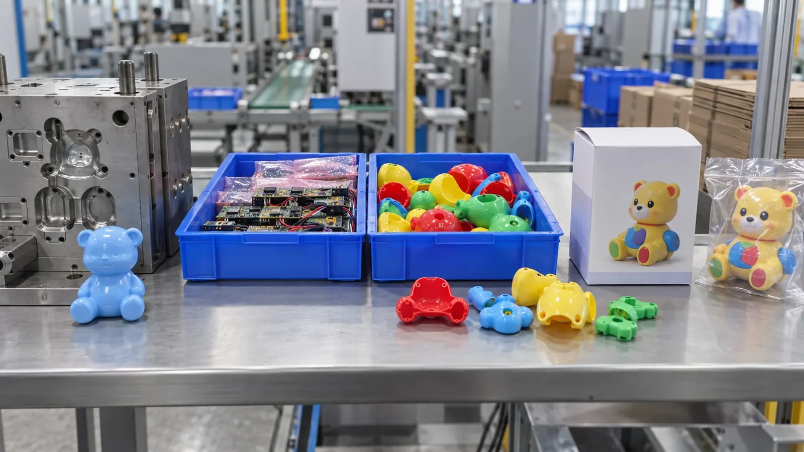 Toy mold, electronic components, unfinished parts and packaging arranged as production checkpoints