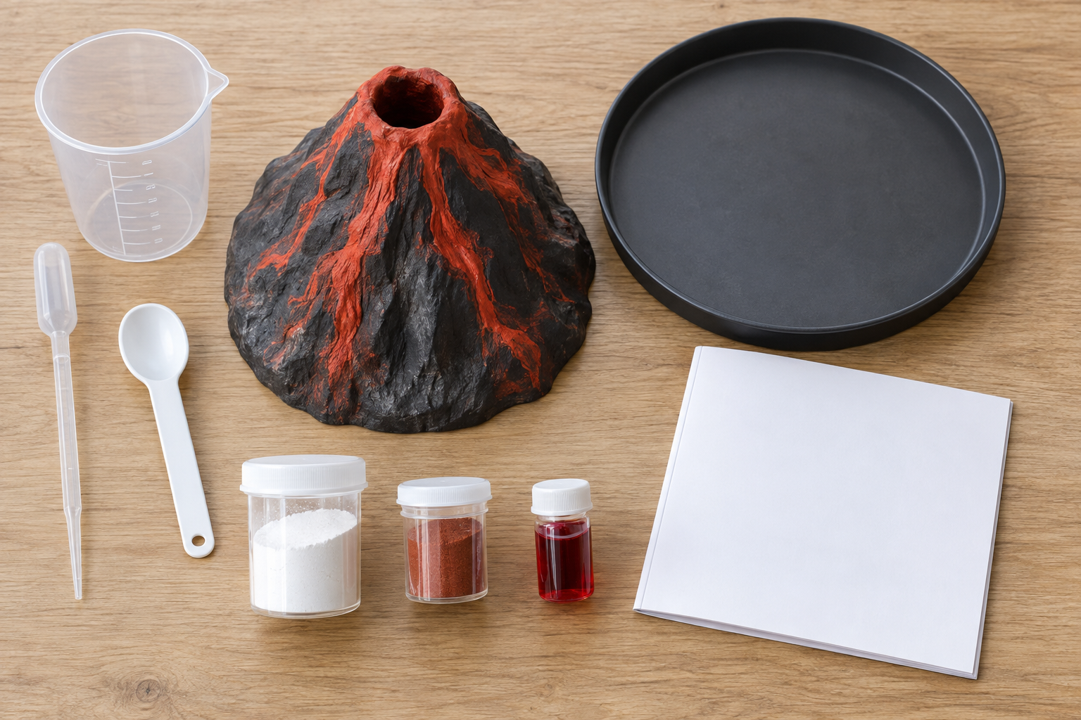Components of a complete kids volcano experiment kit