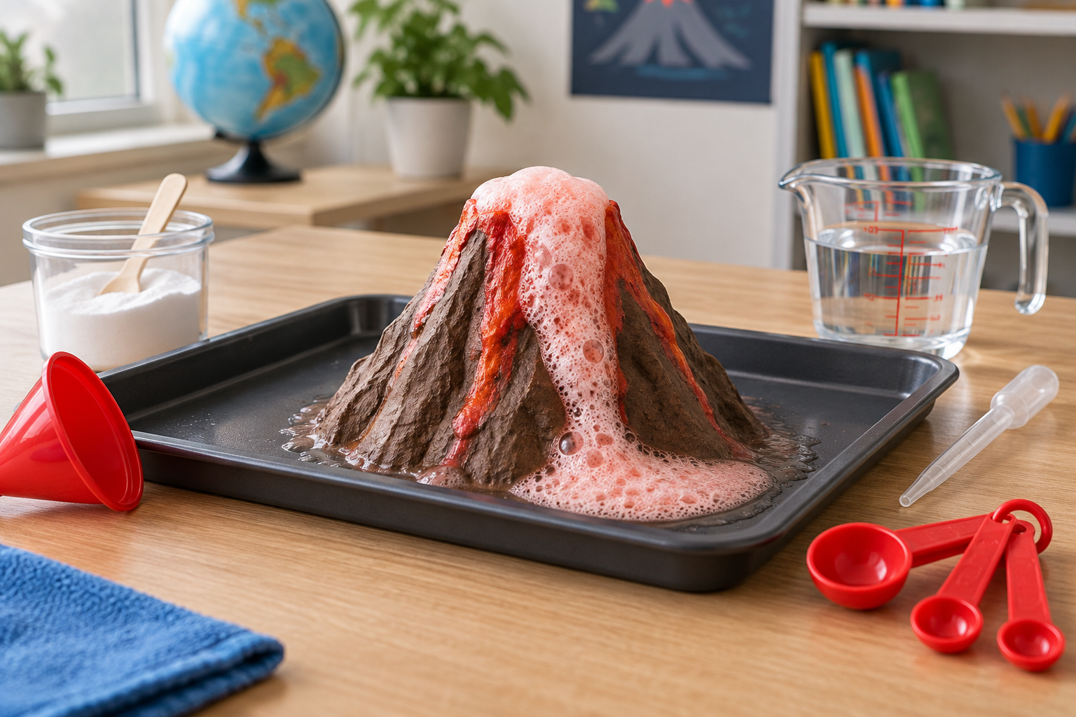 Model volcano foam eruption in a protective tray