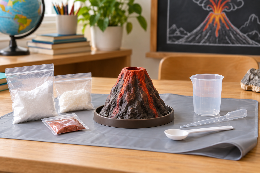 Complete kids volcano experiment kit with model volcano and measuring tools