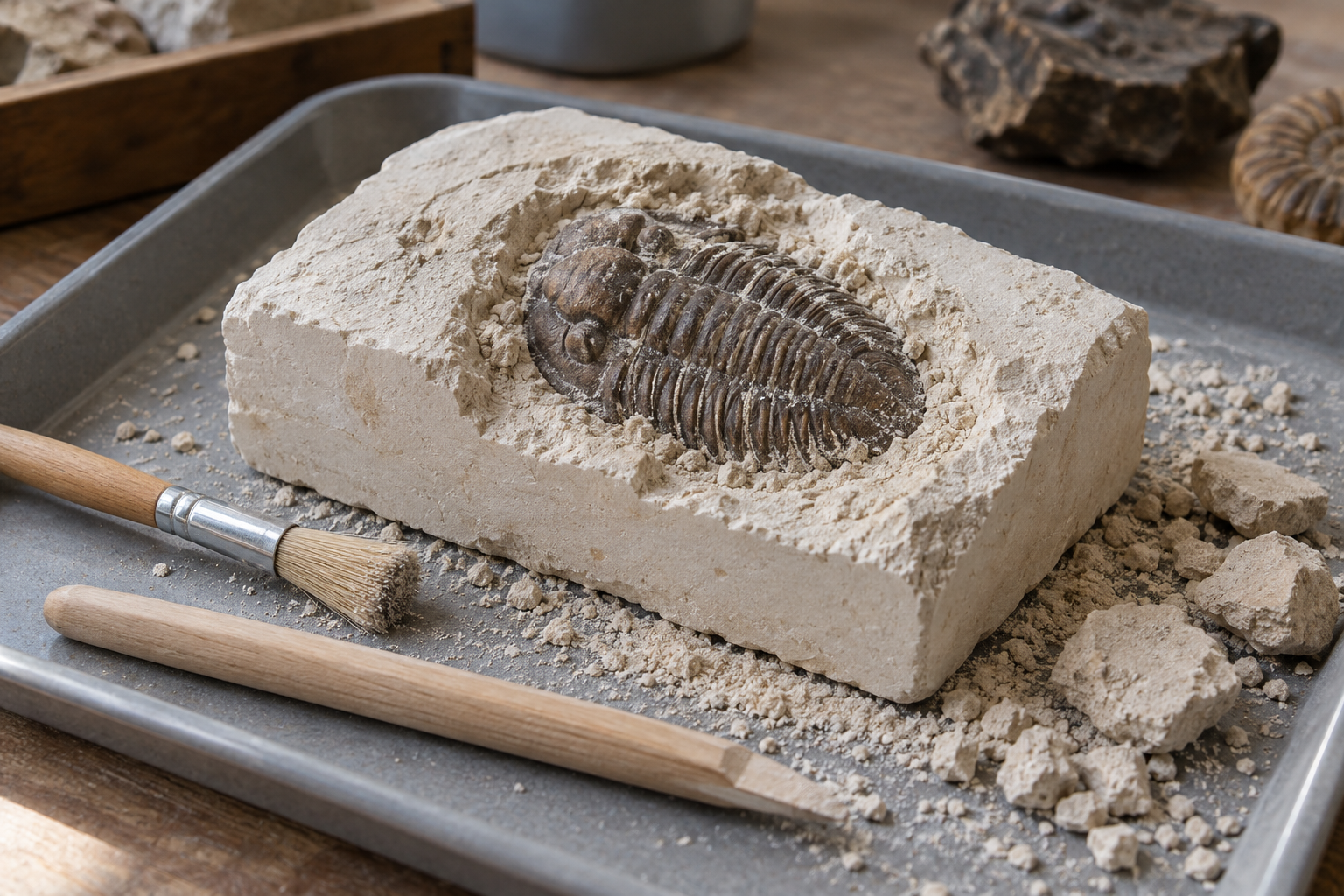 Museum dig kit with a fossil replica partly uncovered in a plaster block