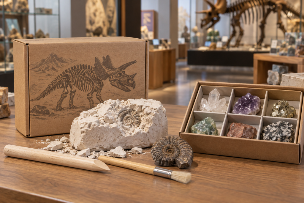 Custom fossil dig kit and geology specimen kit for museum gift shops
